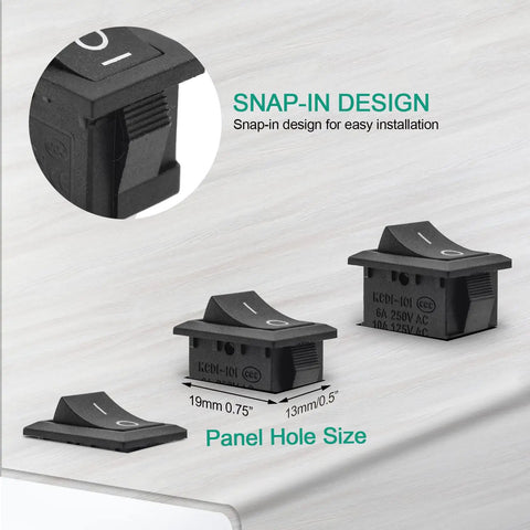 Close-up of Five Pack On Off Boat Rocker Switches, 2 Pin 2 Position Snap In Marine Electrical Switches with snap-in design.