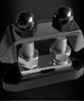 Ridiculously Strong 3/8 Power Distribution Block Bus Bar Offering Dead Serious Two Hundred Fifty Amps And Dual M10 Studs close-up view with bolt design.