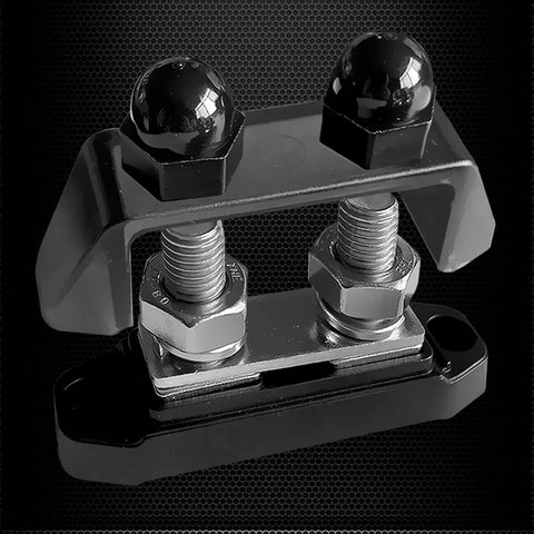 Ridiculously Strong 3/8 Power Distribution Block Bus Bar Offering Dead Serious Two Hundred Fifty Amps And Dual M10 Studs close-up view with bolt design.