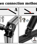 4 Pack 2020 Series Aluminum Extrusion Profile Connectors With 180 Degree Adjustable Pivot Brackets And Handles M6 X 1.0 Screws Nuts And Tap Bits For 6mm T Slot And 20 By 20 Aluminum Rails Black showing two connection methods
