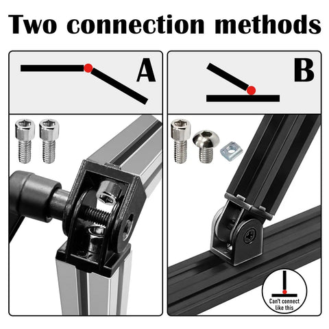 4 Pack 2020 Series Aluminum Extrusion Profile Connectors With 180 Degree Adjustable Pivot Brackets And Handles M6 X 1.0 Screws Nuts And Tap Bits For 6mm T Slot And 20 By 20 Aluminum Rails Black showing two connection methods