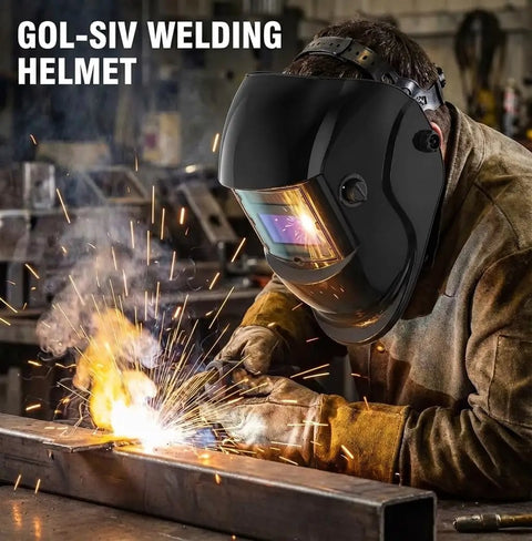 Welder using Auto Darkening Welding Helmet With True Color Wide View Screen Solar Battery Powered Two Arc Sensors Zero Point One Millisecond
