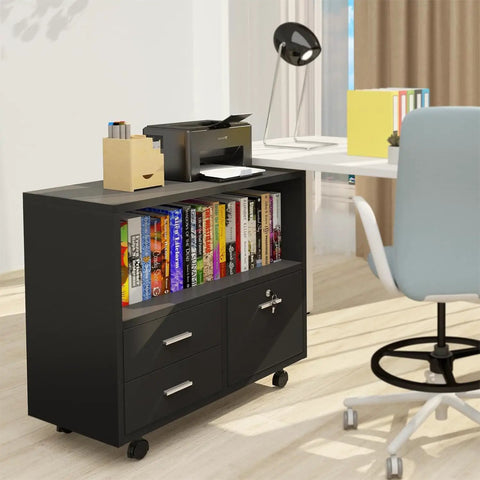 Slick Three Drawer File Cabinet With Secure Lock, Smooth Rollin Office Storage Unit Packed With Handy Shelves And Tough Printer Stand, Matte Black Build With No Sweat Assembly