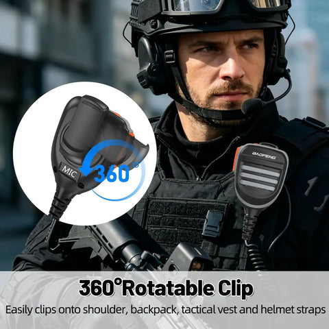 Officer wearing Shoulder Mic For Walkie Talkie Remote Police Microphone with Omnidirectional Pickup in tactical gear outdoors