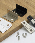Strong Magnetic Cabinet Catches Set with Punch Free L Shaped Hidden Door Closers for Easy No Drill Installation shown with screws
