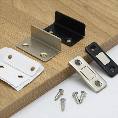 Strong Magnetic Cabinet Catches Set with Punch Free L Shaped Hidden Door Closers for Easy No Drill Installation shown with screws