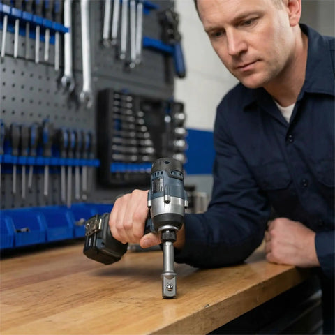 Person using cordless drill with Heavy Duty Impact Socket Adapter Set For Impact Drivers And Drills Three Piece Conversion Kit