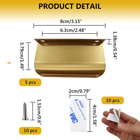 Gold Adhesive Edge Finger Pulls for Cabinets with screws and adhesive pads, 3.15 inch length, product dimensions included