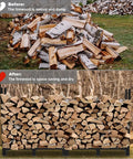 Comparison of messy firewood pile vs organized logs on Beefy Heavy Duty Firewood Rack Eight Foot Outdoor Storage Stand