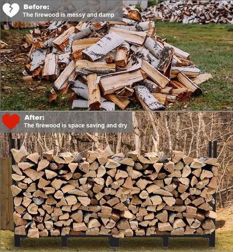 Comparison of messy firewood pile vs organized logs on Beefy Heavy Duty Firewood Rack Eight Foot Outdoor Storage Stand