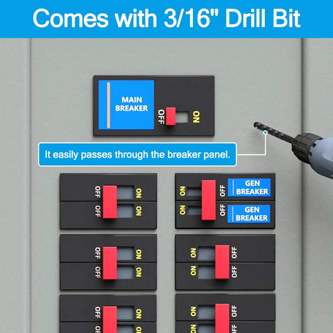 Diagram showing the installation of Generator Interlock Kit For Square D QO And Homeline 100 Amp And 125 Amp Panels with drill bit.