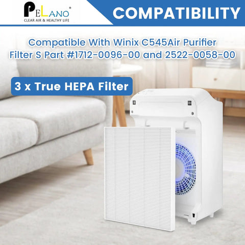 3 Pack C545 HEPA Replacement Filter S For C545 B151 P150 And 9300 Air Purifiers next to air purifier in living room