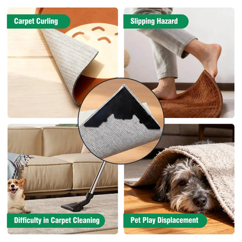 Four images showing carpet issues solved by Extra Thick Non Slip Rug Pads 16 Pcs With Reusable Double Sided Carpet Tape for Hardwood Floors.