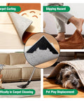 Image showing the challenges of rug movement including curling, slipping, cleaning difficulty, and pet play with Eight Pack Non Slip Rug Pads With Reusable Double Sided Carpet Tape For Hardwood Floors And Tiles, Extra Thick 2mm Grid Adhesive That Grips Rug Fibers And Keeps Area Rugs From Shifting, No Residue.
