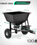 Beefy Built Tow Behind Broadcast Spreader For Lawn And Garden With 130 Lb Capacity, size dimensions and metal hopper visible