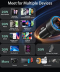 Top Tier 65W 4 Port Usb C Car Charger 3 Pack With Digital Voltmeter PD 30W, showing compatibility with multiple devices.