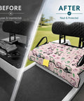 Hella Comfy Golf Cart Seat Covers With Deep Storage Pockets For Two Passenger Carts Universal Fit, shown before and after installation.