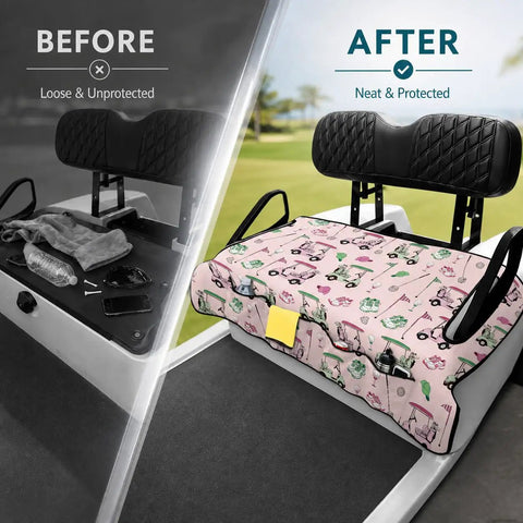 Hella Comfy Golf Cart Seat Covers With Deep Storage Pockets For Two Passenger Carts Universal Fit, shown before and after installation.