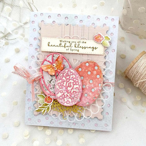 DIY card featuring Seven Piece Easter Egg Die Cuts Set With Flower And Butterfly Frame Dies, floral decorations, and spring message