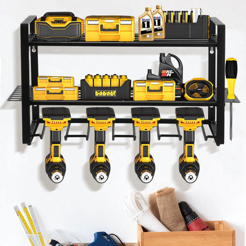 Heavy Duty 3 Tier Tool Organizer Wall Mount Set For Garage 2 Pack Cordless Drill Holder And Tool Shelves Stores Up To 8 Drills Hammer Pliers Screwdrivers And Extension Cord Hangers Space Saving Wall Rack with tools attached