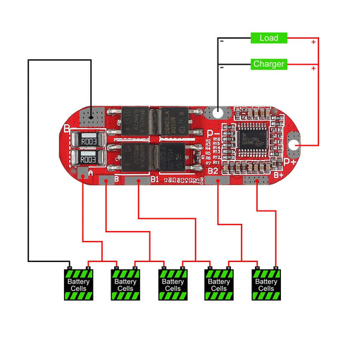 Five Piece Bulletproof BMS Battery Management System For 5 Series Lithium Ion Pack 21 Volt 25 Amp Continuous Charge And Discharge Protection Circuit Board showing wiring for battery cells.