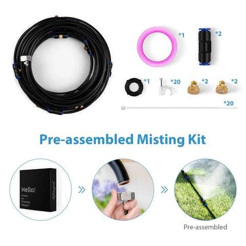 Outdoor Misting System For Patio Keeps It Cool With 40 Ft Misting Line Ten Nozzles And Three Quarter Inch Brass Adapter Perfect For Deck Garden Trampoline Or Greenhouse product components shown.