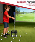 Child using Large Capacity Golf Ball Retriever Telescopic Grabber With Cage Scoop Basket indoors, picking up golf balls effortlessly