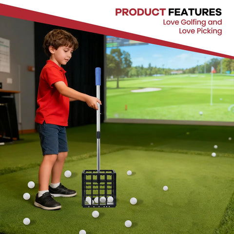 Child using Large Capacity Golf Ball Retriever Telescopic Grabber With Cage Scoop Basket indoors, picking up golf balls effortlessly