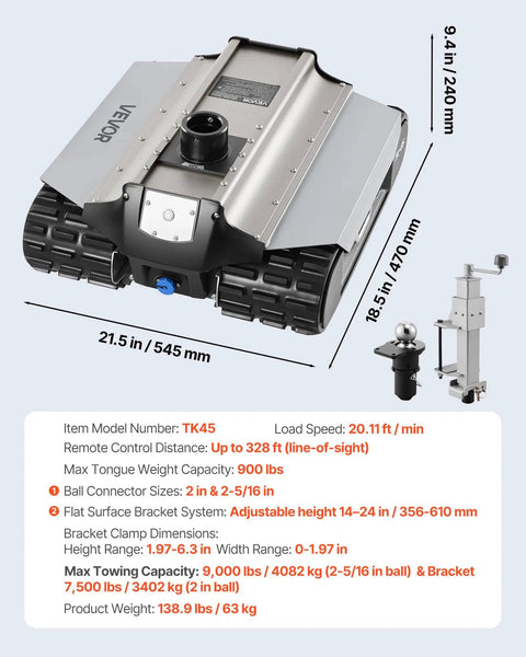 Heavy Duty Electric Trailer Mover Tackles 9000 Lbs Loads With Zero Sweat Via Remote Control Wireless Link shown from above with dimensions.