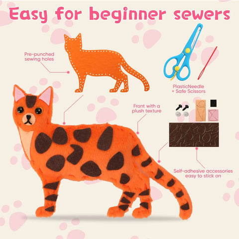 Kids Sewing Kit For Beginners With 12 Easy DIY Plush Toy Projects Dog Cat Stuffed Animals Set featuring orange felt cat project