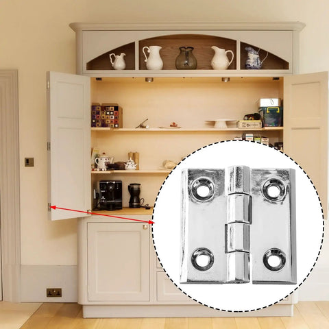 Heavy Duty Zinc Alloy Butt Hinge For Cabinet Doors And Furniture, Silver 60x60mm, shown on a cabinet door in a living room