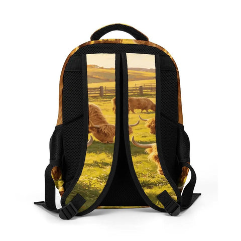 Back view of Sunset Farm Highland Cow Printed Unisex Backpack Large Capacity Dope Durable Polyester Fabric Breathable Comfort
