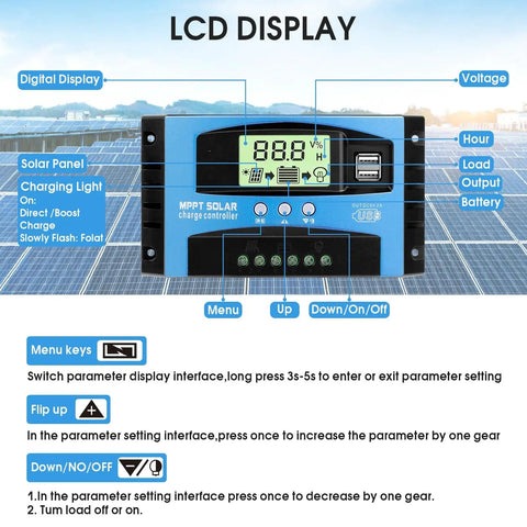 MPPT Solar Charge Controller 12-24V Auto Switch For Lead-Acid And Lithium Batteries 30A with LCD, showing voltage and settings