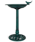 Outdoor Garden Bird Bath With Bird In Green Weather Resistant Polyresin 30 Inch Durable Yard Decor For Bird Lovers, front view