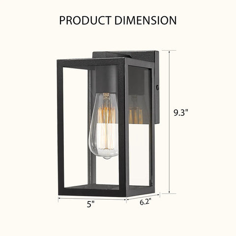 Exterior Wall Lantern Outdoor Sconce for Porch and Patio Lighting, 5x6.2x9.3 inch black metal frame, transparent glass view