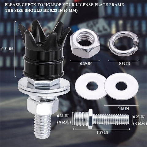 Badass Four Piece Crown License Plate Screws Antitheft Security Bolts Universal Fit For Cars Trucks Motorcycles Matte Black Aluminum Steel Ride Transformation showing components with measurements.