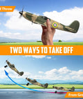 Spitfire RC Plane For Beginners with hand launch and ground takeoff shown, 3 Channel Remote Control, foam design, 2.4GHz RTF model.