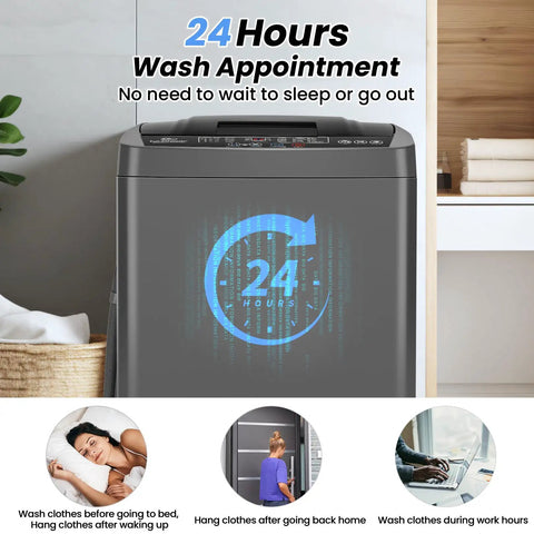 Smooth Operation Compact Portable Washer With Fast Drain Pump And Twenty Pound Laundry Capacity In Classic Gray showing 24-hour wash appointment feature.