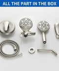 All In One Dual Shower System With Tub Spout And Handheld Seven Modes And Forty Nine Shower Combinations Easy Install Overhead Three Way Diverter Adjustable Heads Brushed Nickel Tub And Shower Trim Kit Complete Bath Faucet Set components displayed on a surface.