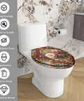 Elongated Resin Toilet Seat for Bathroom installed on a white toilet, featuring a floral design and ergonomic shape.