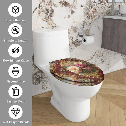 Elongated Resin Toilet Seat for Bathroom installed on a white toilet, featuring a floral design and ergonomic shape.