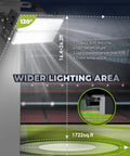 Image showing 600W Equivalent Stadium Flood Light With 16,000 Lumens IP66 Waterproof, highlighting wide 120-degree beam angle.