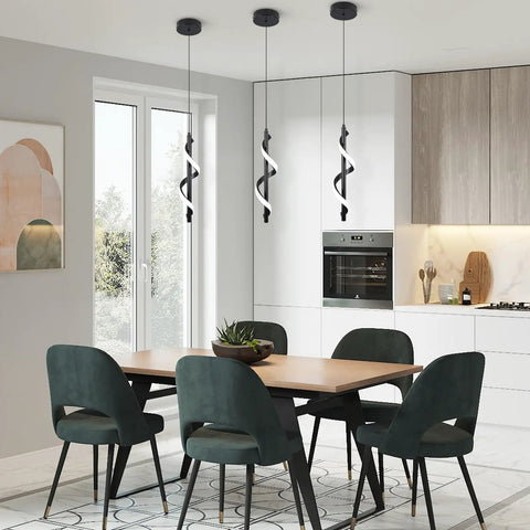 13W Modern Spiral LED Pendant Light Fixture 5500K Cold White Integrated LED Sleek Black Finish in a kitchen dining area