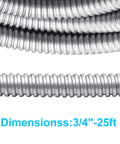 Close-up of 25 Ft 3/4 Inch Reduced Wall Flexible Metal Conduit for Low Voltage Outdoor Wiring, galvanized steel, smooth interior.