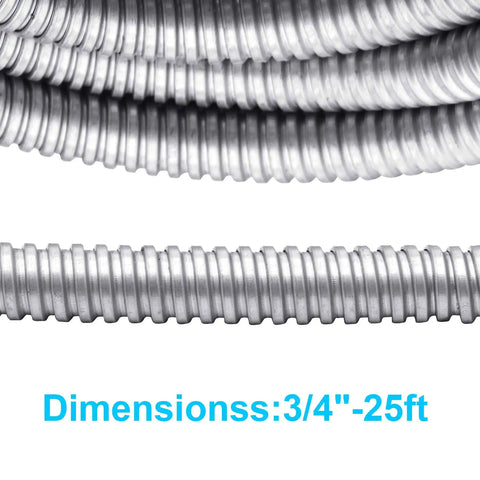 Close-up of 25 Ft 3/4 Inch Reduced Wall Flexible Metal Conduit for Low Voltage Outdoor Wiring, galvanized steel, smooth interior.