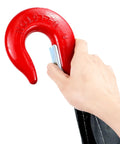 Heavy Duty Two Leg Bridle Web Sling Polyester Lifting Strap With Tough Steel Grab Hooks 6.56 Feet Long close-up of red steel hook with hand.