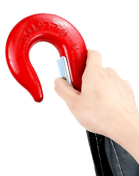 Heavy Duty Two Leg Bridle Web Sling Polyester Lifting Strap With Tough Steel Grab Hooks 6.56 Feet Long close-up of red steel hook with hand.