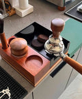 Hella Durable Premium Sapele Wood Espresso Tamper Station Featuring A Slick Built In Slide For Your 58mm Portafilter And A Killer Coffee Bar Accessory Organizer You Love with detachable ground cup and brush.