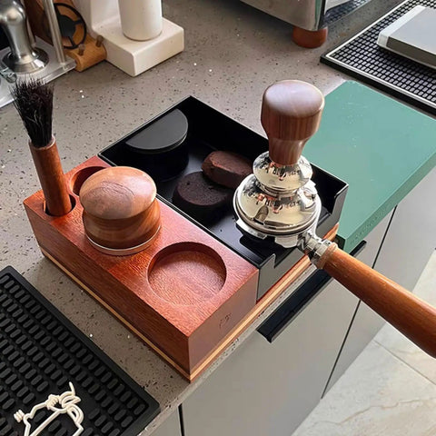 Hella Durable Premium Sapele Wood Espresso Tamper Station Featuring A Slick Built In Slide For Your 58mm Portafilter And A Killer Coffee Bar Accessory Organizer You Love with detachable ground cup and brush.