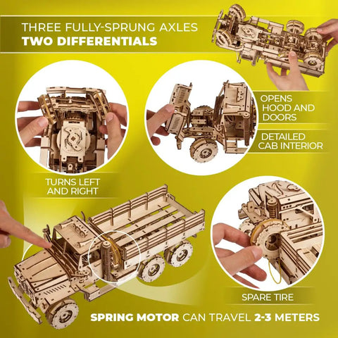 Cargo Truck 3D Puzzle Kit For Adults With Spring Powered Mechanics, Realistic Wooden Model Truck Build Featuring Three Axles And Differentials, Brain Teaser Hobby Set For Makers And Auto Enthusiasts showing spring motor and open cab